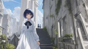 Preview wallpaper girl, dress, steps, buildings, white, anime