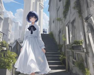 Preview wallpaper girl, dress, steps, buildings, white, anime
