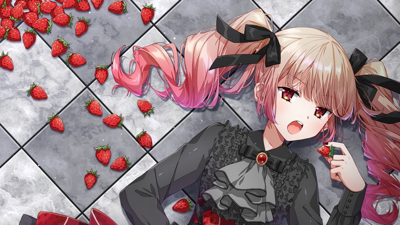 Wallpaper girl, dress, strawberry, anime, art