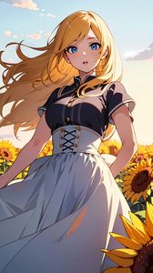 Preview wallpaper girl, dress, sunflowers, field, flowers, anime