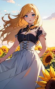 Preview wallpaper girl, dress, sunflowers, field, flowers, anime