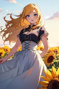 Preview wallpaper girl, dress, sunflowers, field, flowers, anime