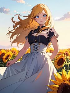 Preview wallpaper girl, dress, sunflowers, field, flowers, anime