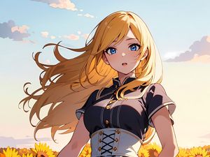 Preview wallpaper girl, dress, sunflowers, field, flowers, anime