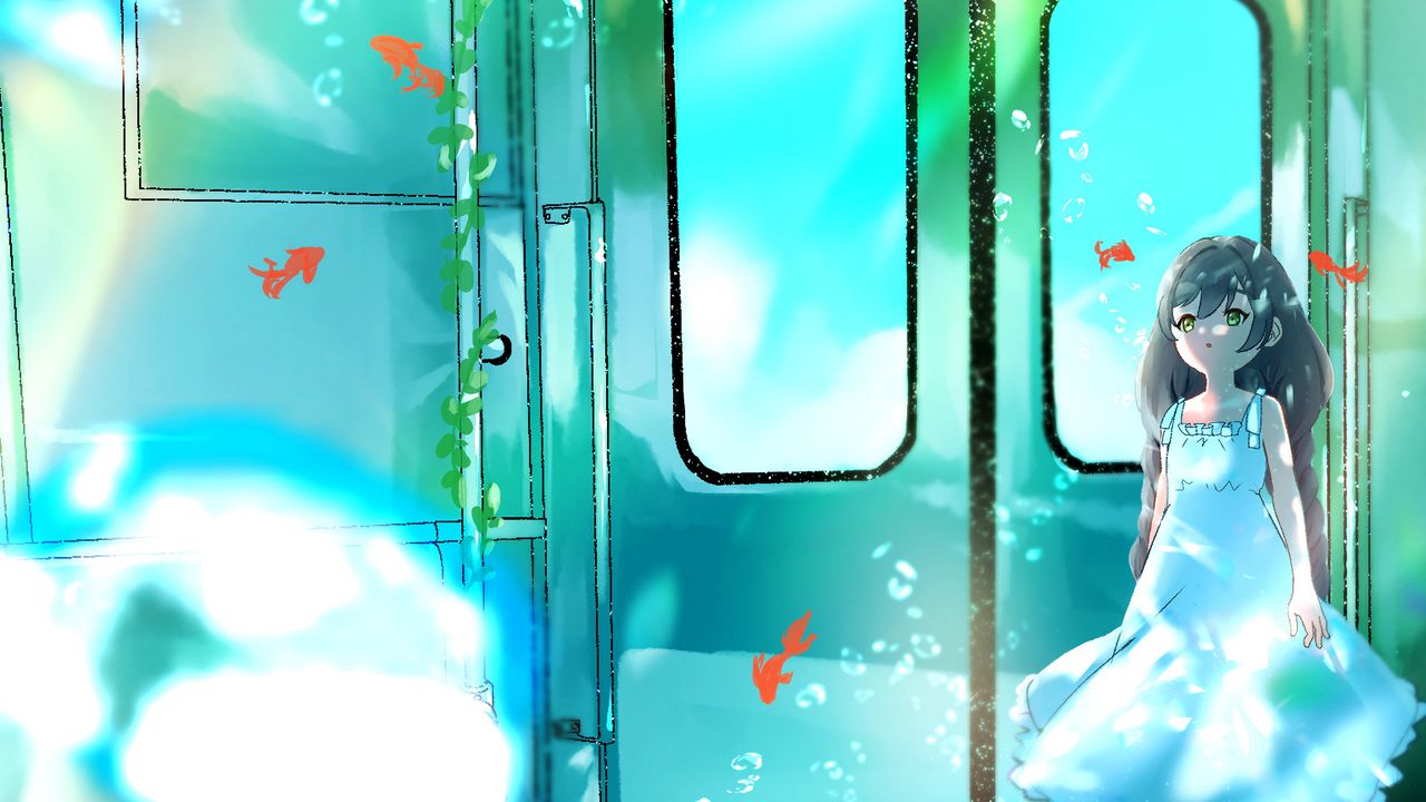 Wallpaper girl, dress, train, fishes, anime hd, picture, image