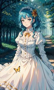 Preview wallpaper girl, dress, trees, forest, path, art, anime