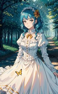 Preview wallpaper girl, dress, trees, forest, path, art, anime