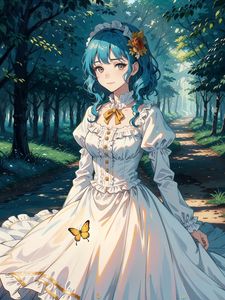 Preview wallpaper girl, dress, trees, forest, path, art, anime
