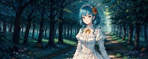 Preview wallpaper girl, dress, trees, forest, path, art, anime