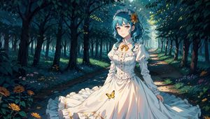 Preview wallpaper girl, dress, trees, forest, path, art, anime