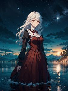 Preview wallpaper girl, dress, water, lake, night, anime