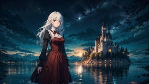 Preview wallpaper girl, dress, water, lake, night, anime