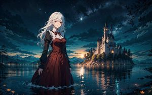 Preview wallpaper girl, dress, water, lake, night, anime