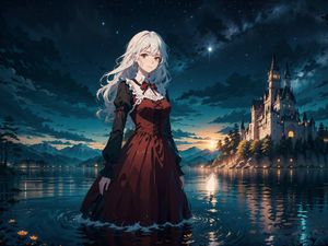 Preview wallpaper girl, dress, water, lake, night, anime