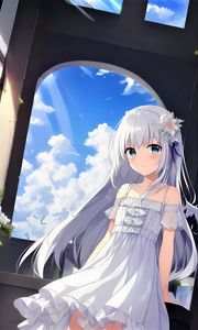 Preview wallpaper girl, dress, window, sky, clouds, anime