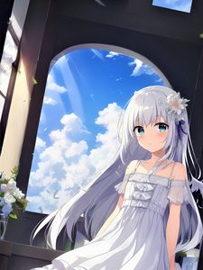 Preview wallpaper girl, dress, window, sky, clouds, anime