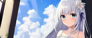 Preview wallpaper girl, dress, window, sky, clouds, anime