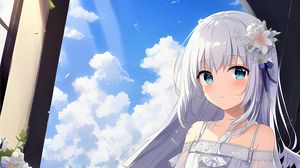 Preview wallpaper girl, dress, window, sky, clouds, anime