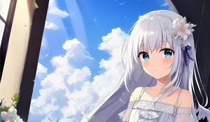 Preview wallpaper girl, dress, window, sky, clouds, anime