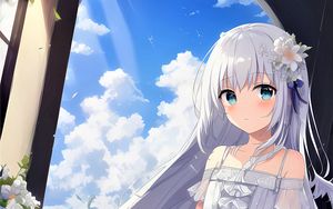 Preview wallpaper girl, dress, window, sky, clouds, anime
