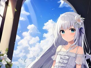 Preview wallpaper girl, dress, window, sky, clouds, anime