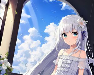 Preview wallpaper girl, dress, window, sky, clouds, anime