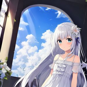 Preview wallpaper girl, dress, window, sky, clouds, anime