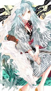 Preview wallpaper girl, dress, wolf, watercolor, anime