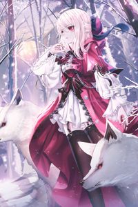 Preview wallpaper girl, dress, wolves, winter, anime, art