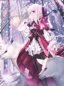 Preview wallpaper girl, dress, wolves, winter, anime, art