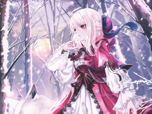 Preview wallpaper girl, dress, wolves, winter, anime, art