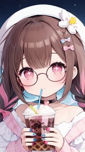 Preview wallpaper girl, drink, choker, glasses, anime