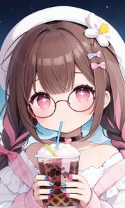 Preview wallpaper girl, drink, choker, glasses, anime