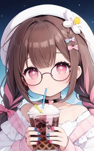 Preview wallpaper girl, drink, choker, glasses, anime