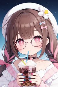 Preview wallpaper girl, drink, choker, glasses, anime