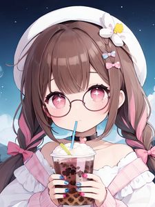 Preview wallpaper girl, drink, choker, glasses, anime