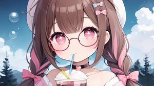 Preview wallpaper girl, drink, choker, glasses, anime