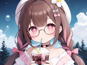 Preview wallpaper girl, drink, choker, glasses, anime