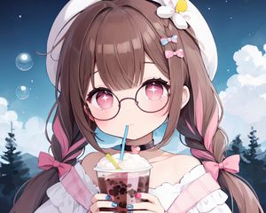 Preview wallpaper girl, drink, choker, glasses, anime