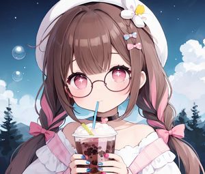 Preview wallpaper girl, drink, choker, glasses, anime