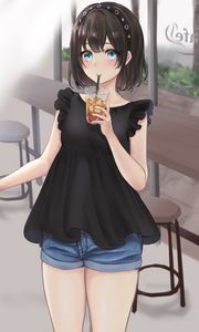 Preview wallpaper girl, drink, cup, anime, art