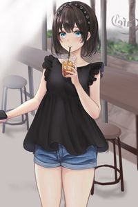 Preview wallpaper girl, drink, cup, anime, art