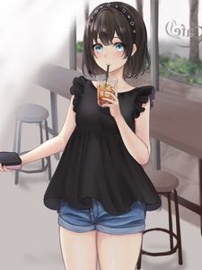 Preview wallpaper girl, drink, cup, anime, art
