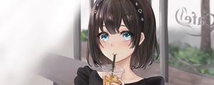 Preview wallpaper girl, drink, cup, anime, art