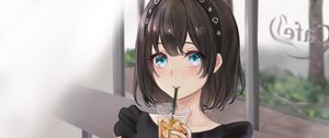 Preview wallpaper girl, drink, cup, anime, art