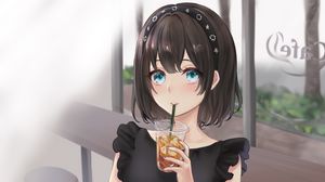 Preview wallpaper girl, drink, cup, anime, art