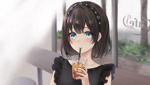 Preview wallpaper girl, drink, cup, anime, art
