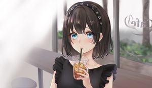 Preview wallpaper girl, drink, cup, anime, art
