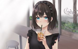 Preview wallpaper girl, drink, cup, anime, art