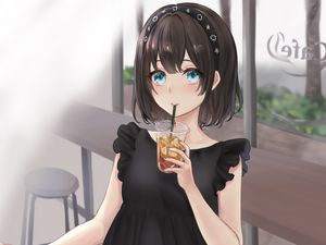 Preview wallpaper girl, drink, cup, anime, art